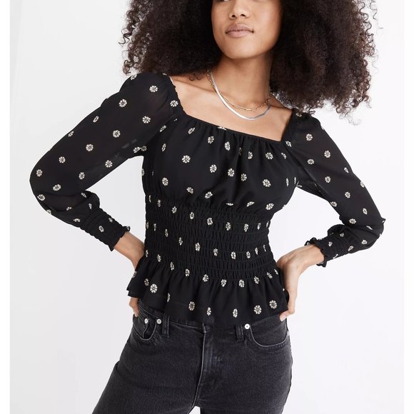 Madewell (Re)sourced Georgette Square-Neck Smock-Waist Top in Bloom Dot - Picture 1 of 3